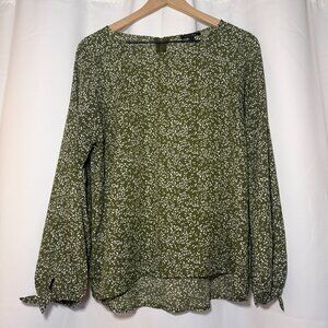 Papermoon Larie Tie-Sleeve Blouse Womens L Olive Green Career Flowy Zip Neck EUC